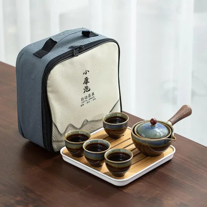 Lazy People Make Tea God Automatic Travel Tea Set Ceramic Kung Fu Tea Set Portable Tray Storage Bag Gift