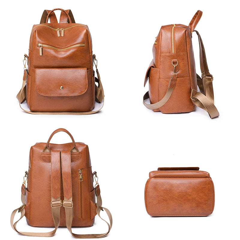 Leather Backpack Women Solid Color Fashion Trend Casual Large Capacity Ladies Travel Bag School Backpack for Teenage Girls Sac