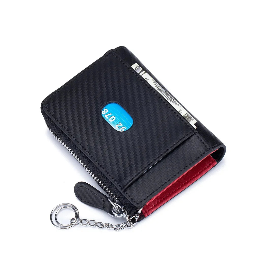 Leather Carbon Fiber Bag Men's Zipper Business Card Clip Rfid Coin Purse