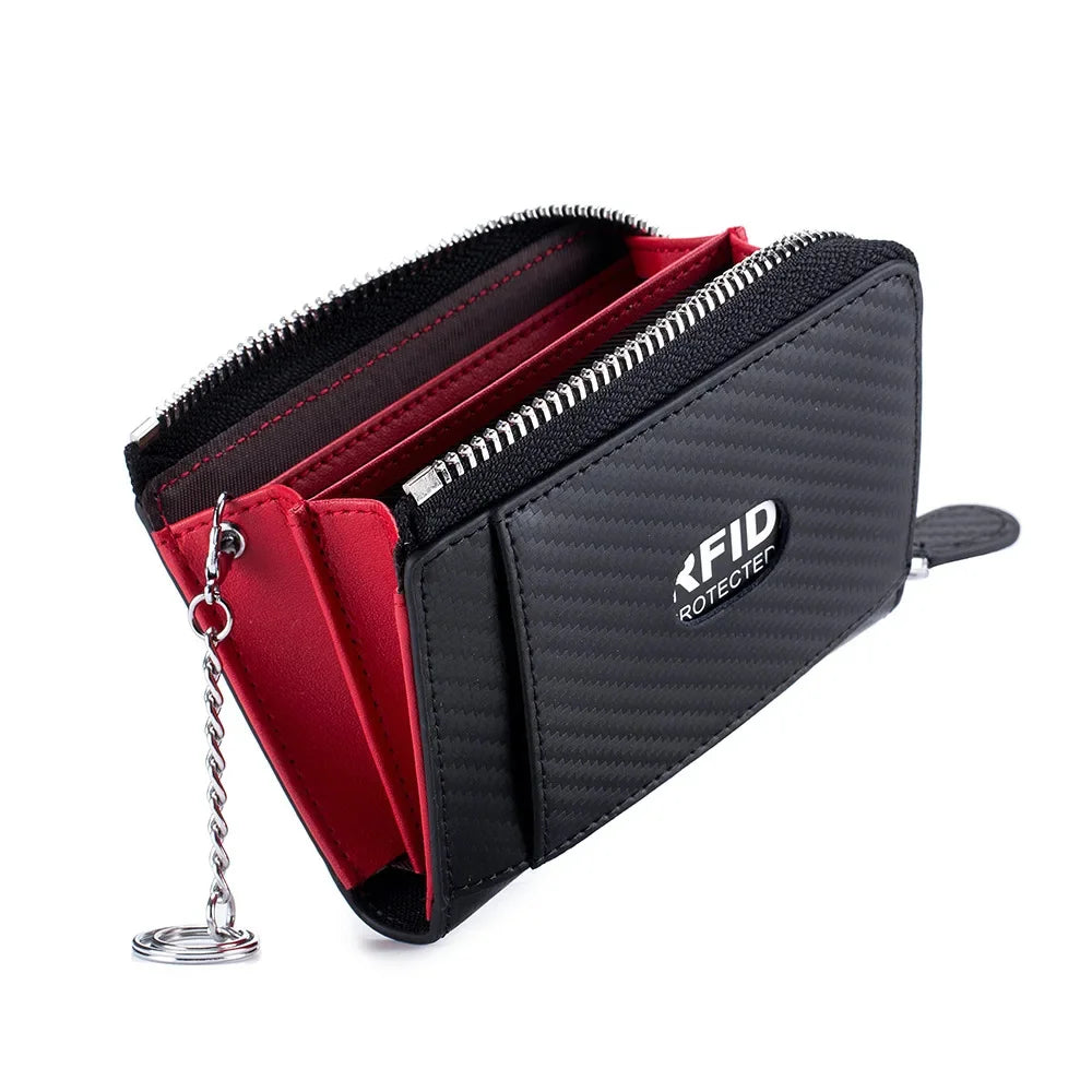 Leather Carbon Fiber Bag Men's Zipper Business Card Clip Rfid Coin Purse