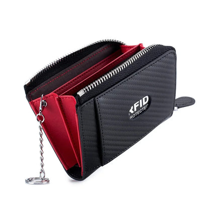 Leather Carbon Fiber Bag Men's Zipper Business Card Clip Rfid Coin Purse
