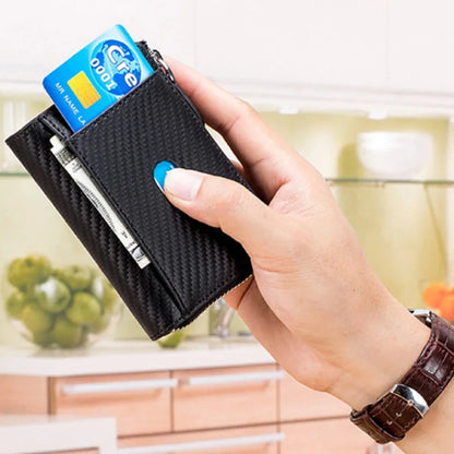 Leather Carbon Fiber Bag Men's Zipper Business Card Clip Rfid Coin Purse