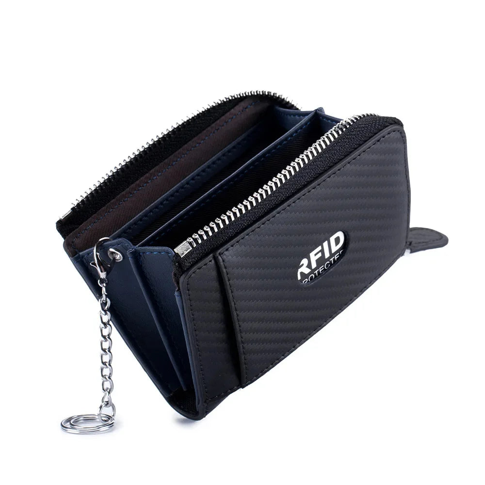 Leather Carbon Fiber Bag Men's Zipper Business Card Clip Rfid Coin Purse