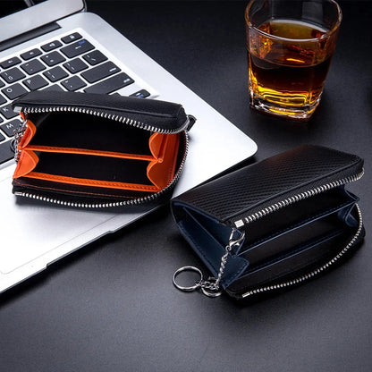 Leather Carbon Fiber Bag Men's Zipper Business Card Clip Rfid Coin Purse