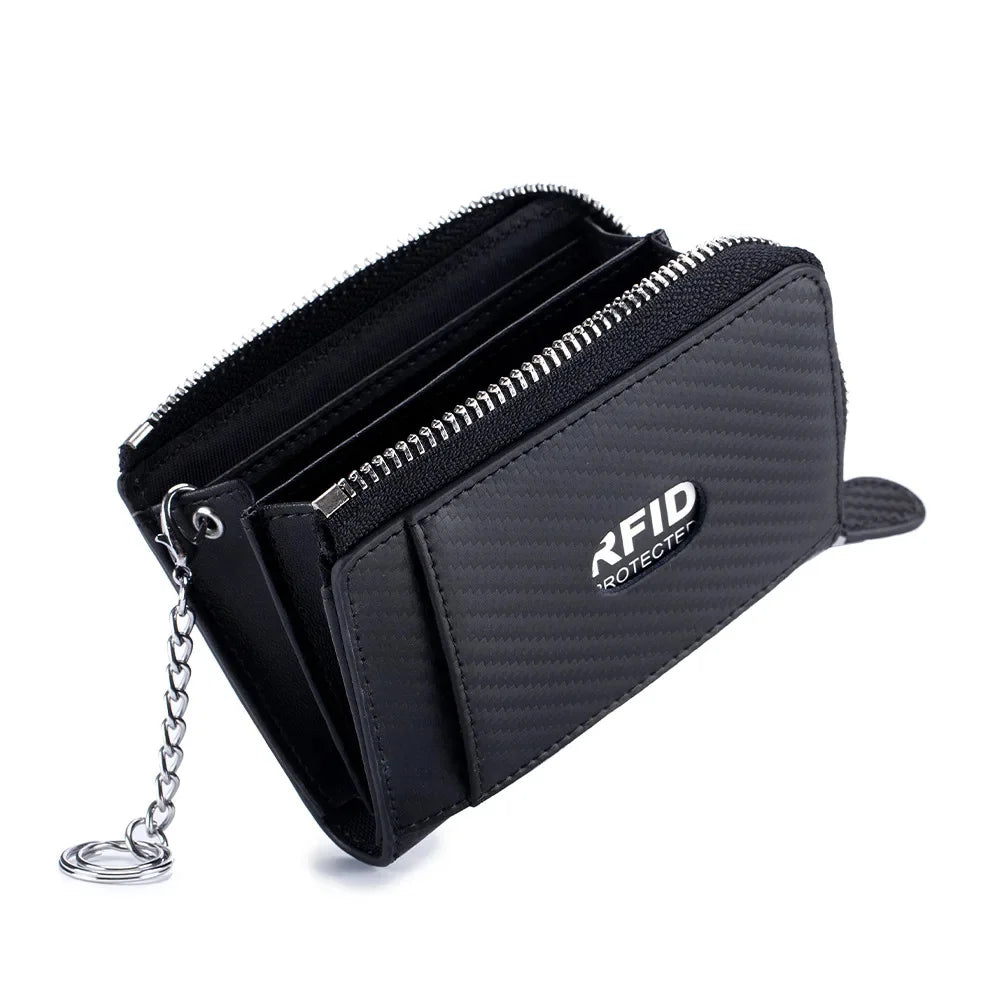 Leather Carbon Fiber Bag Men's Zipper Business Card Clip Rfid Coin Purse