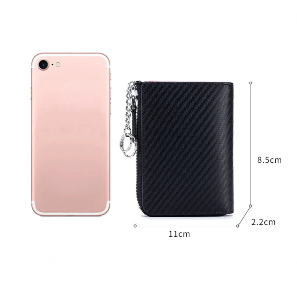 Leather Carbon Fiber Bag Men's Zipper Business Card Clip Rfid Coin Purse