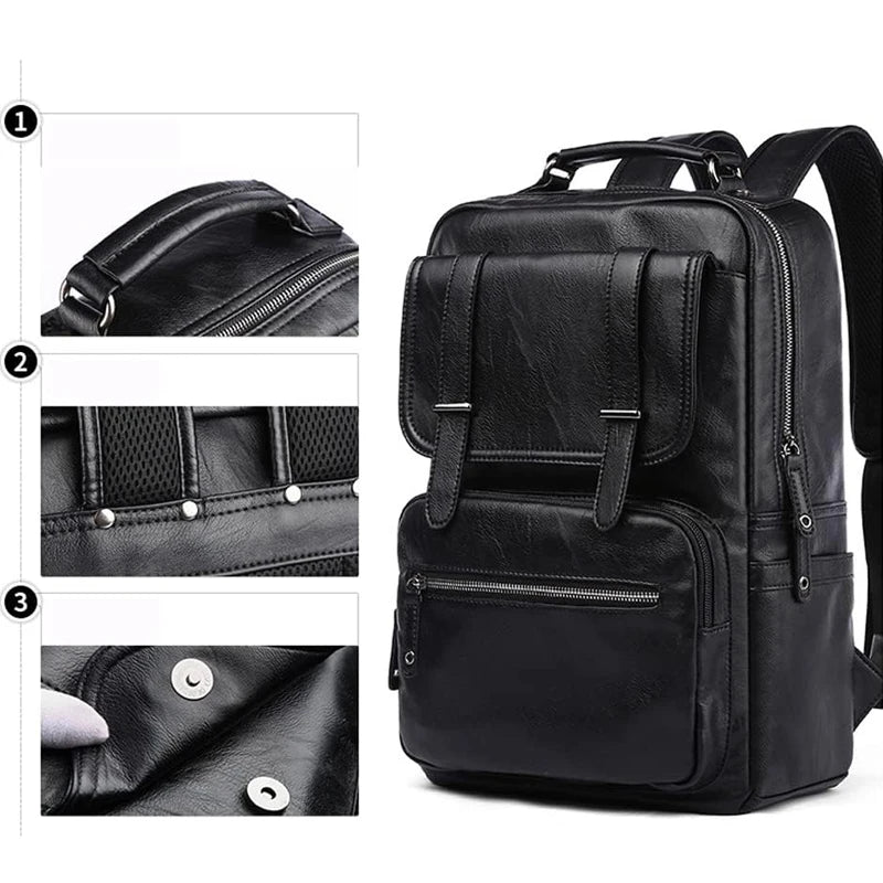 Leather Laptop Backpack for Men Waterproof Travel Backpack Vintage Business Bag for Commuter Casual Leather Daypack