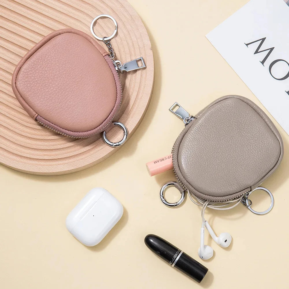 Leather Mini Purse Women's Cowhide Storage Cash Keychain Change Wallets Hook Earphone Bag Zipper Coin Pouch for Girls Kids