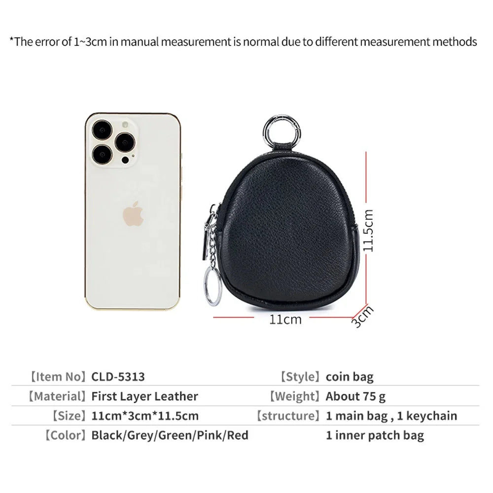 Leather Mini Purse Women's Cowhide Storage Cash Keychain Change Wallets Hook Earphone Bag Zipper Coin Pouch for Girls Kids