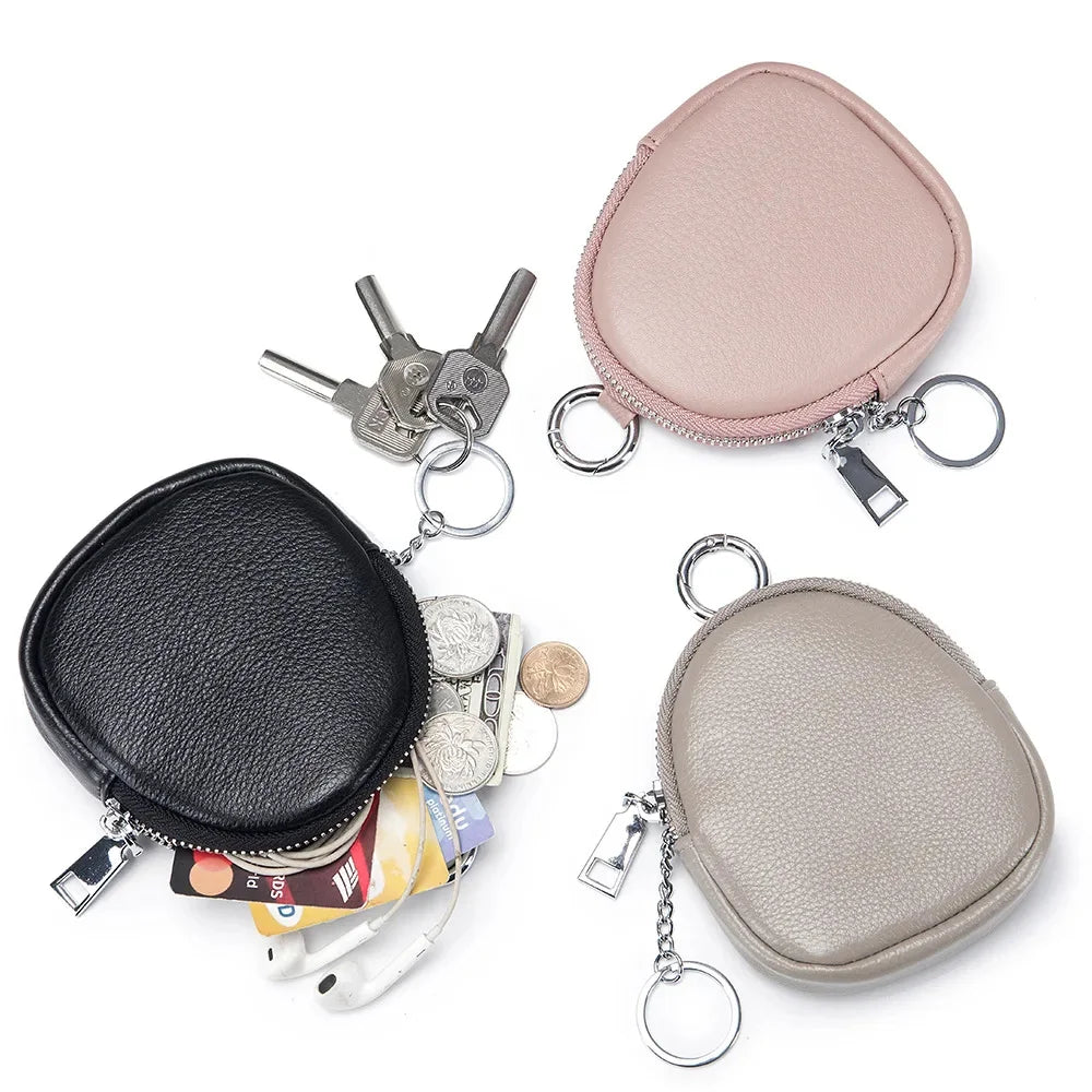 Leather Mini Purse Women's Cowhide Storage Cash Keychain Change Wallets Hook Earphone Bag Zipper Coin Pouch for Girls Kids