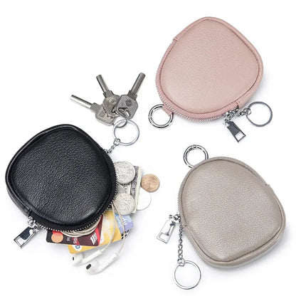 Leather Mini Purse Women's Cowhide Storage Cash Keychain Change Wallets Hook Earphone Bag Zipper Coin Pouch for Girls Kids