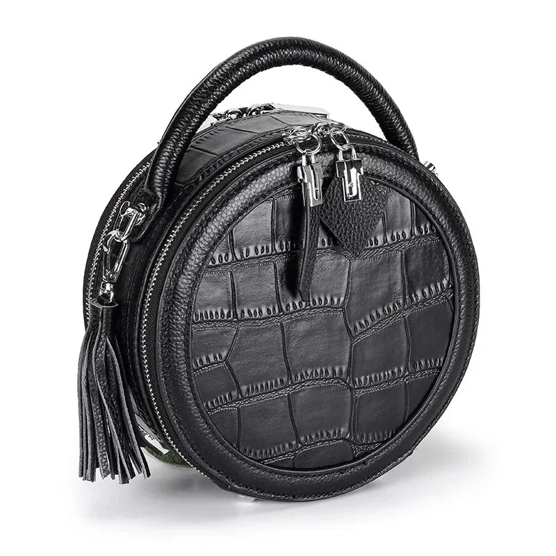 Leather Small Women's Messenger 2024 New Crocodile Pattern Shoulder Fashion All-match Round Bucket Bag Handbag