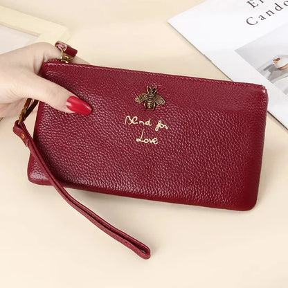 Leather Women Clutch Wallets Bee Zipper Purse Long Coin Purses Cell Phone Pocket Female Wristband Card Wallet Ladies Money Bag
