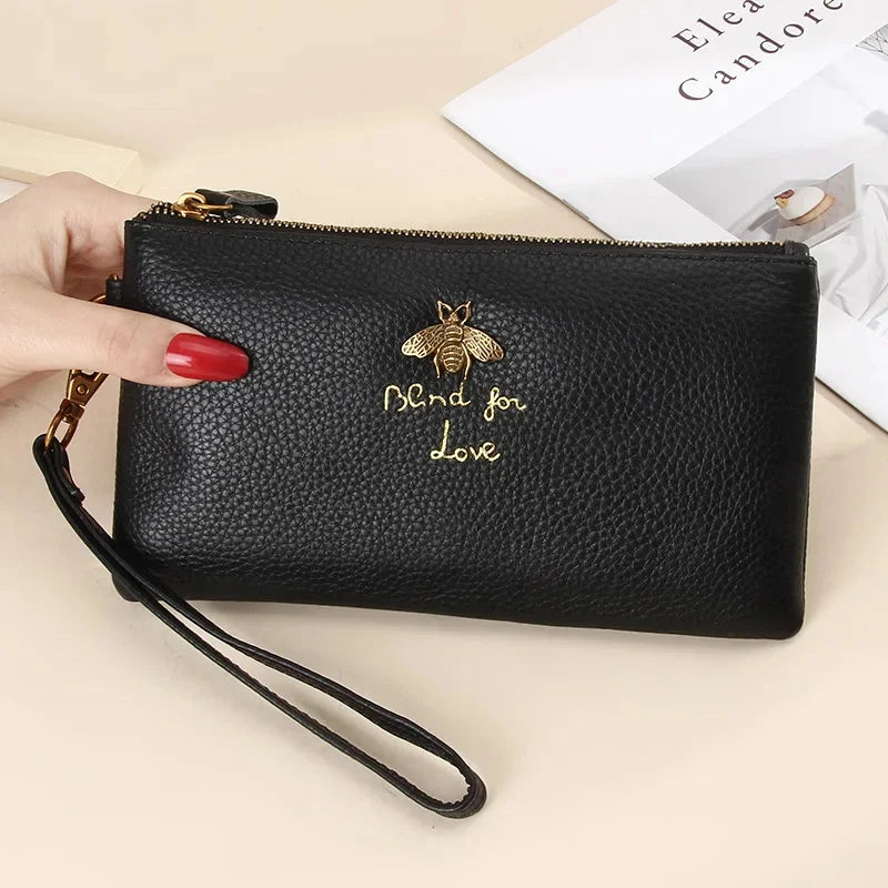 Leather Women Clutch Wallets Bee Zipper Purse Long Coin Purses Cell Phone Pocket Female Wristband Card Wallet Ladies Money Bag