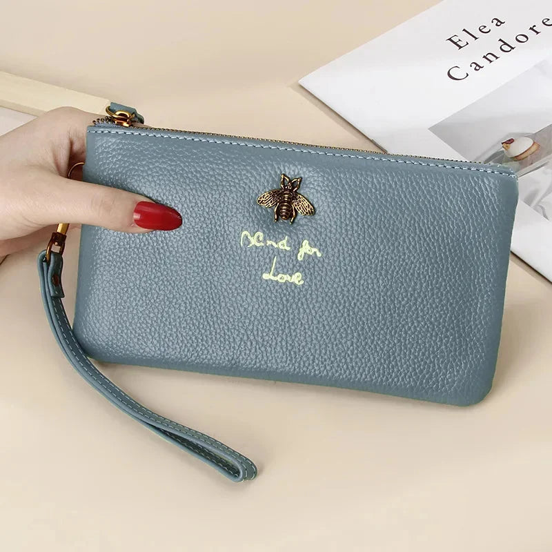 Leather Women Clutch Wallets Bee Zipper Purse Long Coin Purses Cell Phone Pocket Female Wristband Card Wallet Ladies Money Bag