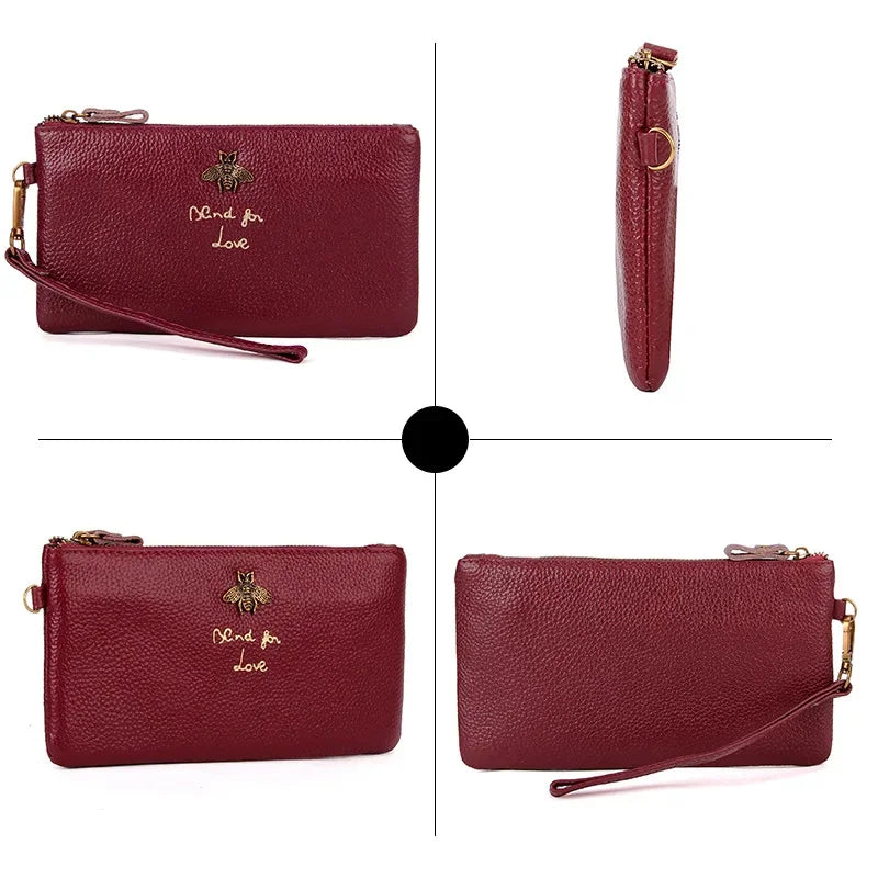 Leather Women Clutch Wallets Bee Zipper Purse Long Coin Purses Cell Phone Pocket Female Wristband Card Wallet Ladies Money Bag