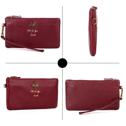 Leather Women Clutch Wallets Bee Zipper Purse Long Coin Purses Cell Phone Pocket Female Wristband Card Wallet Ladies Money Bag
