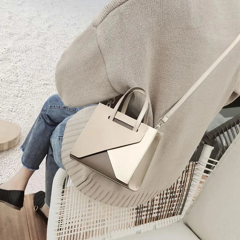 Leather Women's Messenger Bags, Large-capacity Simple Handbags, Geometric Color-blocking Fashion Shoulder Bag