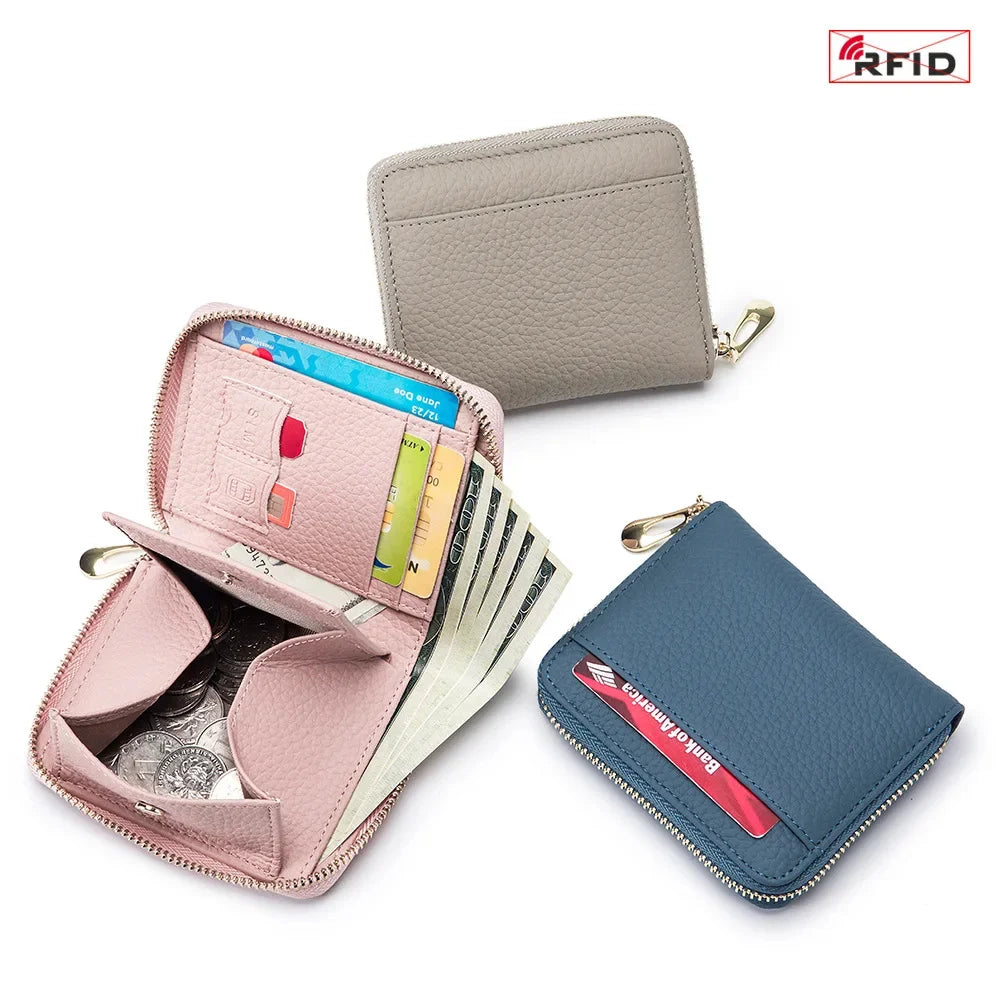 Leather Zipper Wallet RFID Blocking Zip Around Bifold Wallets Multifunctional Card Holder Purse Short Purses