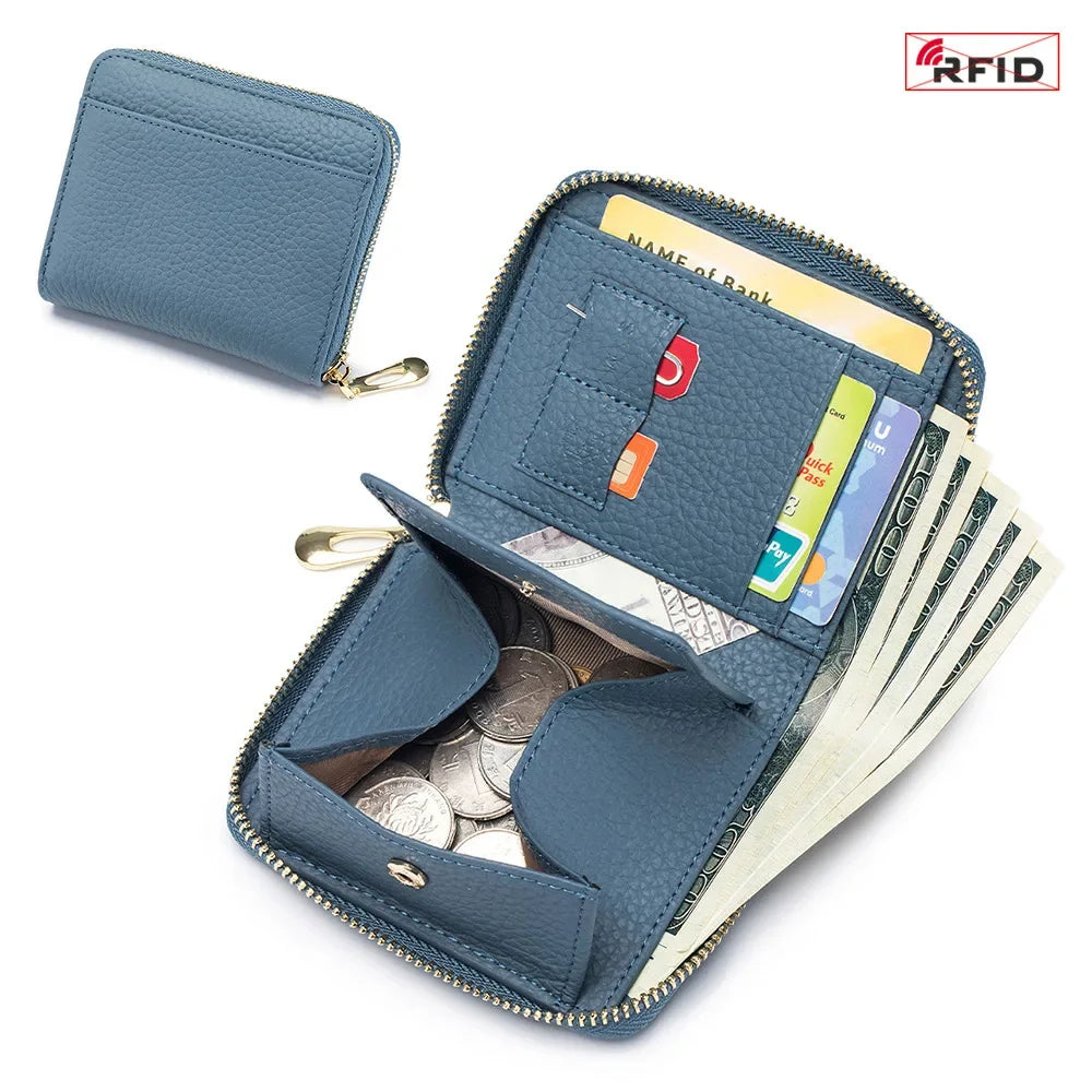 Leather Zipper Wallet RFID Blocking Zip Around Bifold Wallets Multifunctional Card Holder Purse Short Purses