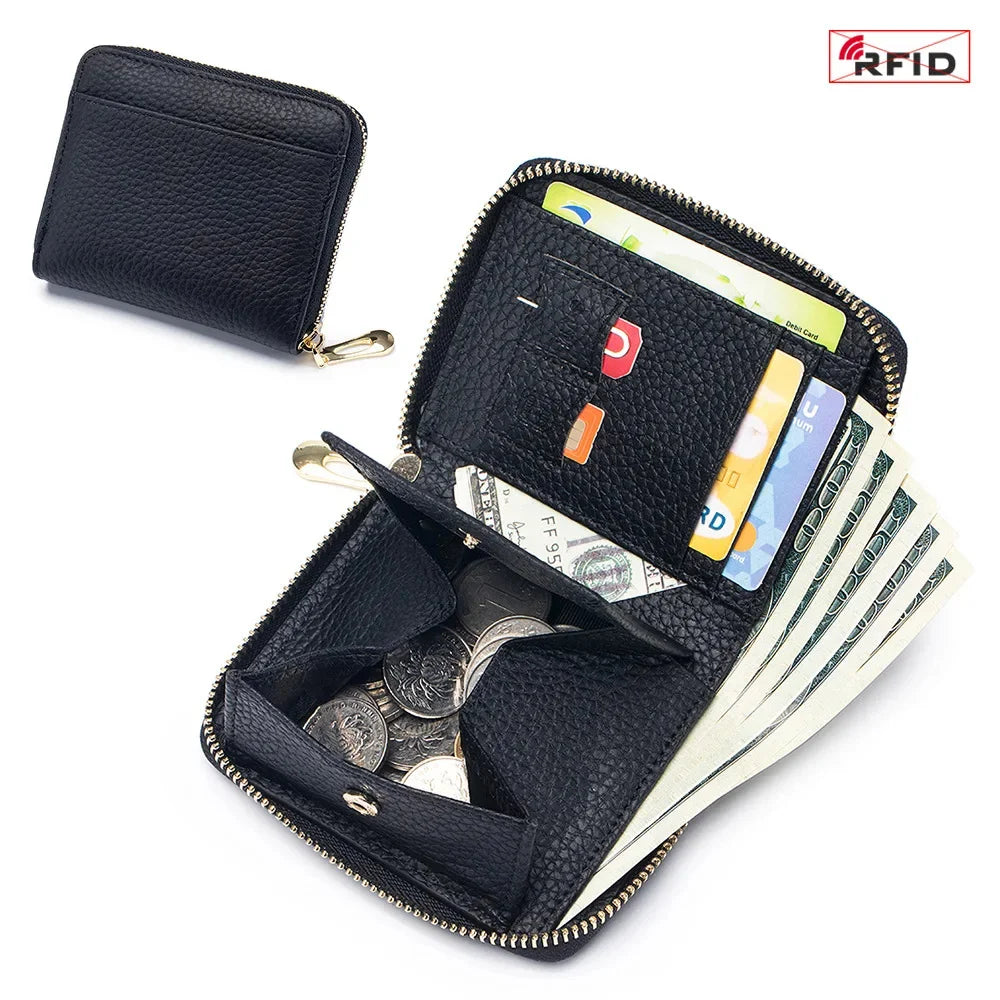 Leather Zipper Wallet RFID Blocking Zip Around Bifold Wallets Multifunctional Card Holder Purse Short Purses