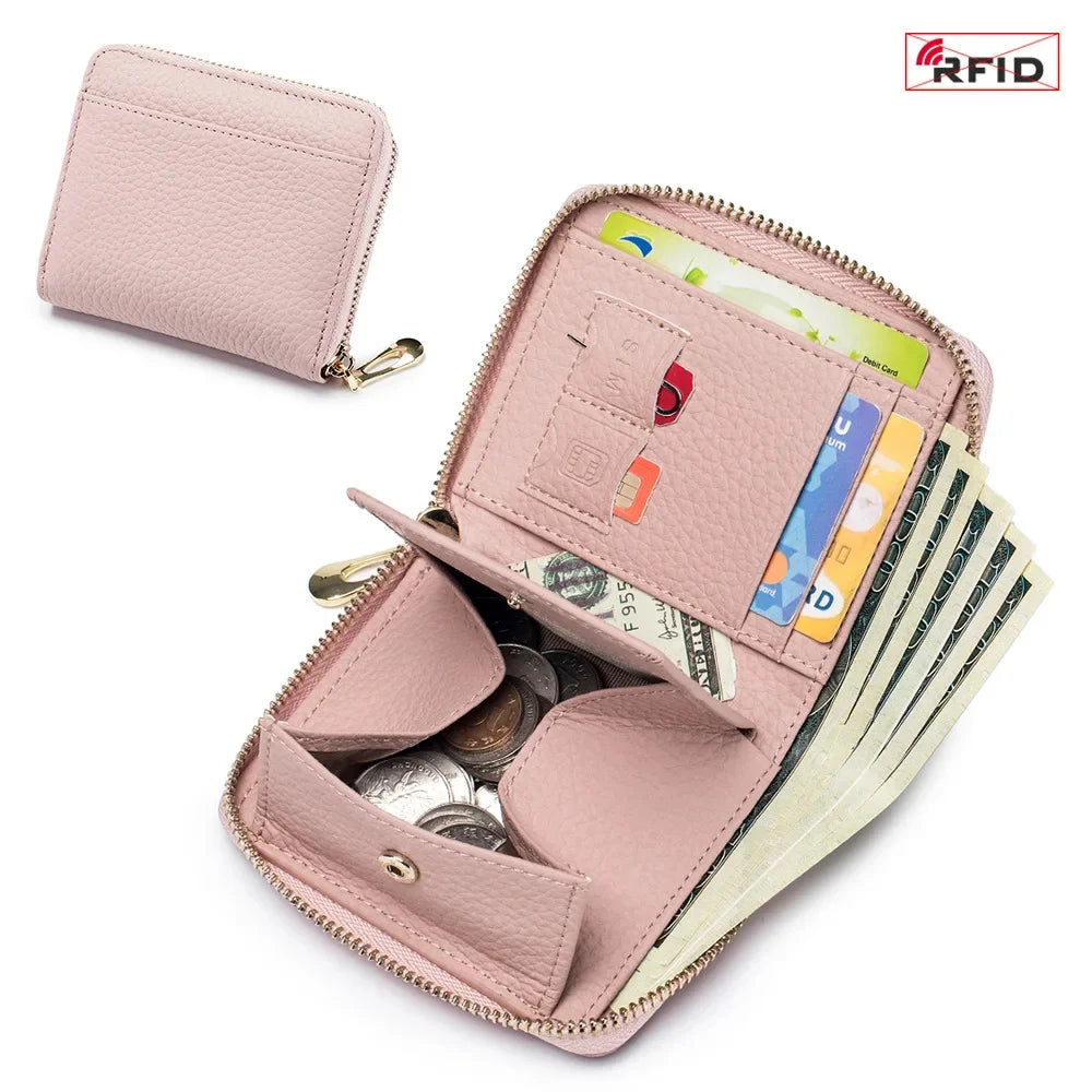 Leather Zipper Wallet RFID Blocking Zip Around Bifold Wallets Multifunctional Card Holder Purse Short Purses