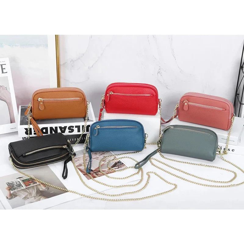 Leather chain diagonal bag put mobile phone lady wallet first layer cowhide large-capacity double-layer zipper all-match clutch