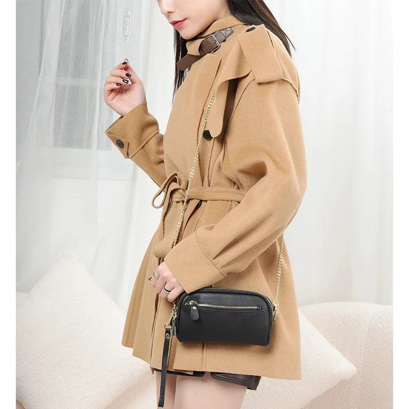Leather chain diagonal bag put mobile phone lady wallet first layer cowhide large-capacity double-layer zipper all-match clutch