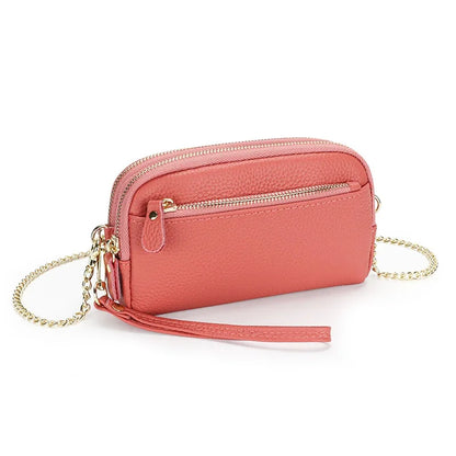 Leather chain diagonal bag put mobile phone lady wallet first layer cowhide large-capacity double-layer zipper all-match clutch