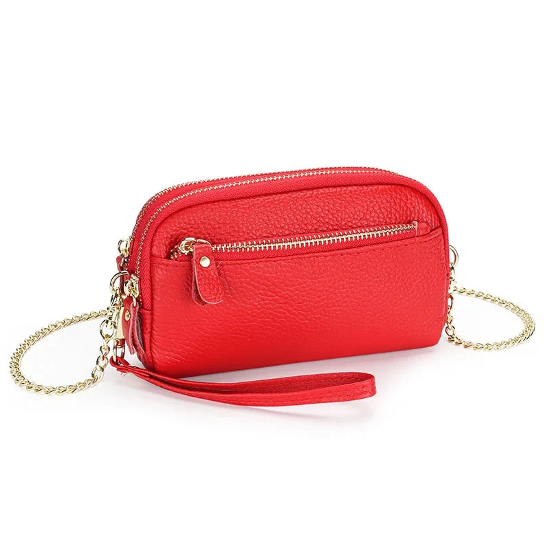 Leather chain diagonal bag put mobile phone lady wallet first layer cowhide large-capacity double-layer zipper all-match clutch