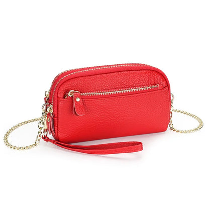 Leather chain diagonal bag put mobile phone lady wallet first layer cowhide large-capacity double-layer zipper all-match clutch