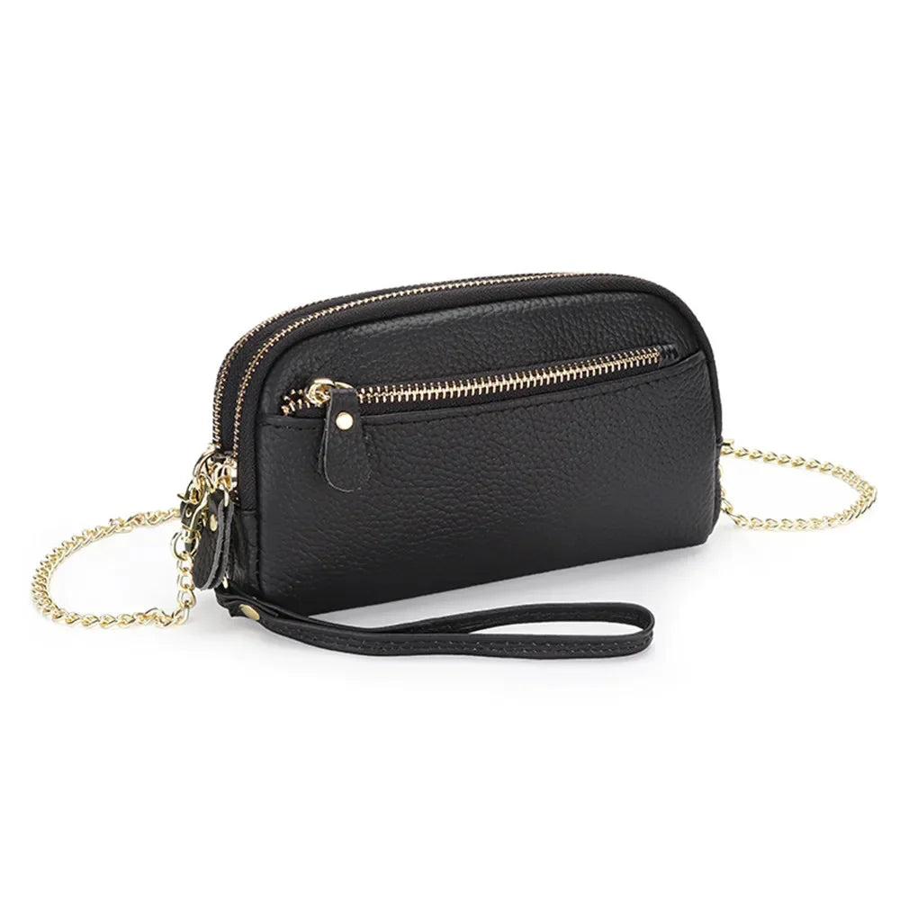 Leather chain diagonal bag put mobile phone lady wallet first layer cowhide large-capacity double-layer zipper all-match clutch
