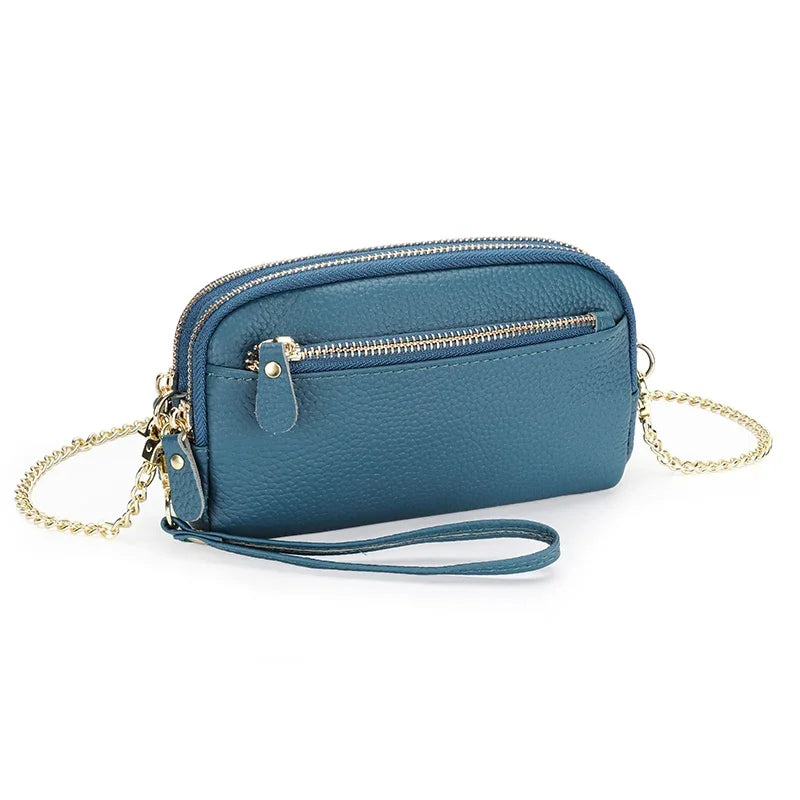 Leather chain diagonal bag put mobile phone lady wallet first layer cowhide large-capacity double-layer zipper all-match clutch