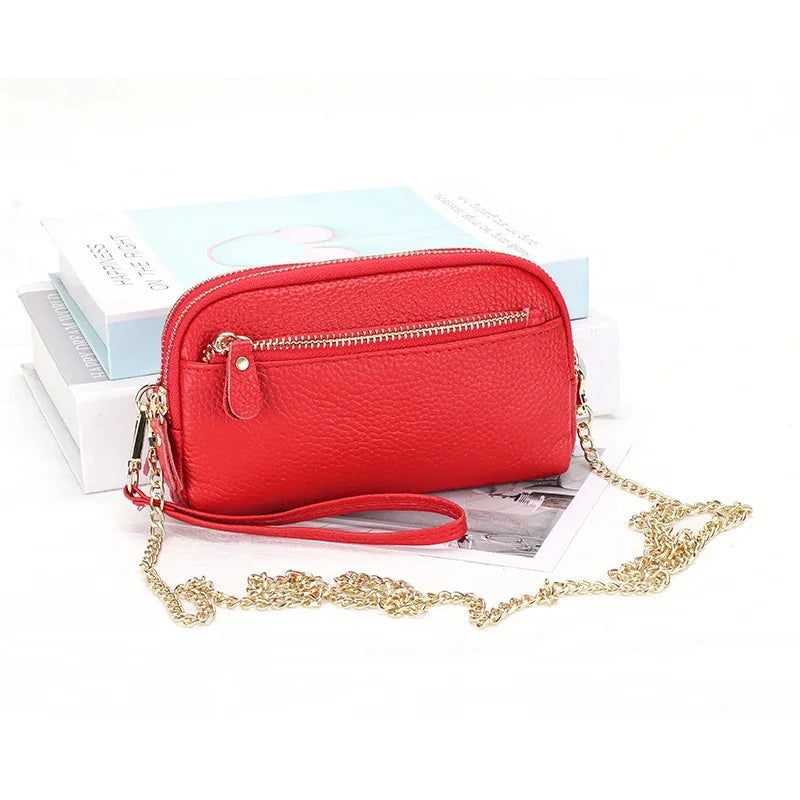 Leather chain diagonal bag put mobile phone lady wallet first layer cowhide large-capacity double-layer zipper all-match clutch