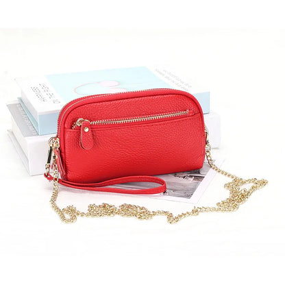 Leather chain diagonal bag put mobile phone lady wallet first layer cowhide large-capacity double-layer zipper all-match clutch