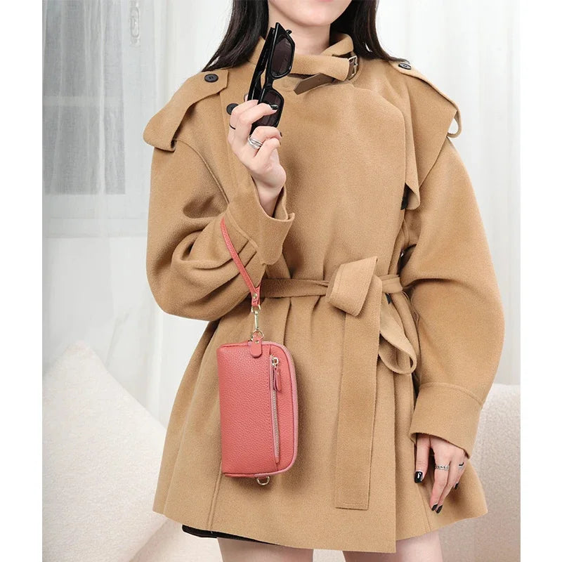 Leather chain diagonal bag put mobile phone lady wallet first layer cowhide large-capacity double-layer zipper all-match clutch