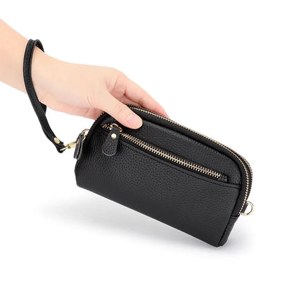Leather chain diagonal bag put mobile phone lady wallet first layer cowhide large-capacity double-layer zipper all-match clutch