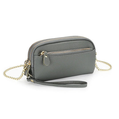 Leather chain diagonal bag put mobile phone lady wallet first layer cowhide large-capacity double-layer zipper all-match clutch