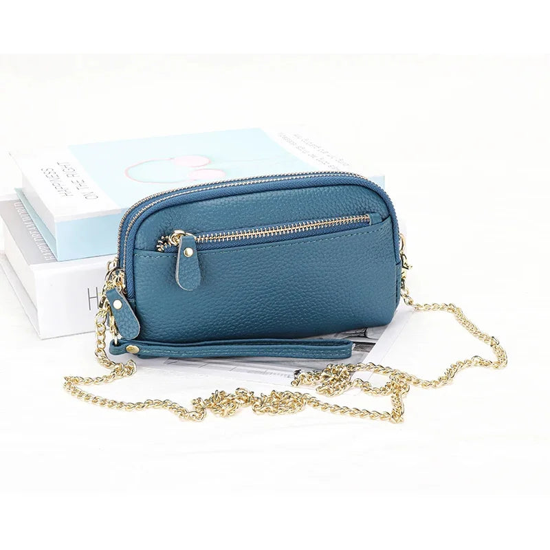 Leather chain diagonal bag put mobile phone lady wallet first layer cowhide large-capacity double-layer zipper all-match clutch