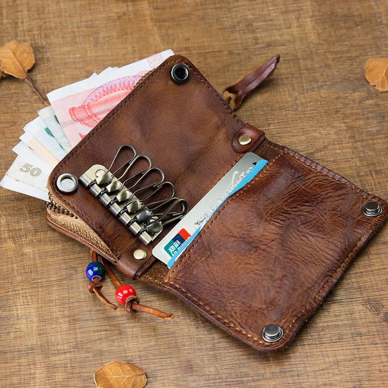 Leather key bag men's leather multifunctional large-capacity car key bag vegetable tanned leather card bag coin purse waist hang