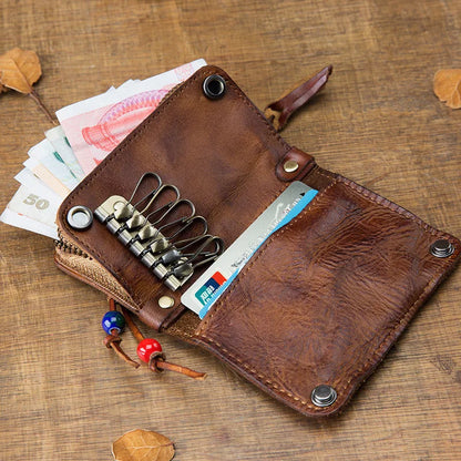 Leather key bag men's leather multifunctional large-capacity car key bag vegetable tanned leather card bag coin purse waist hang