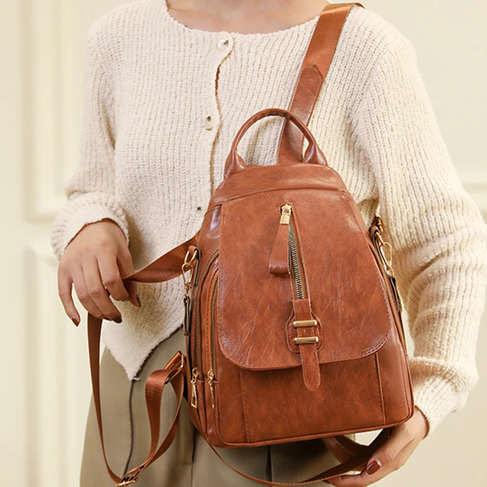 Leisure Female Backpacks Fashion Multifunctional Teenager School Backpacks Luxury Designer Pu Leather Travel Knapsack Bookbag