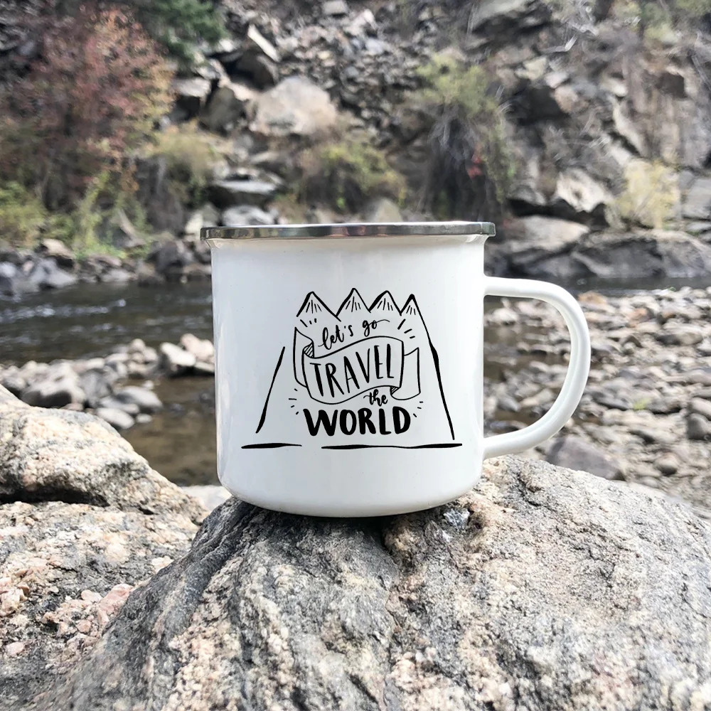 Let's Go Travel The World Camping Enamel Cup Handle Cups Coffee Tea Milk Mugs Party Best Gifts Camping Campfire Coffee Mugs