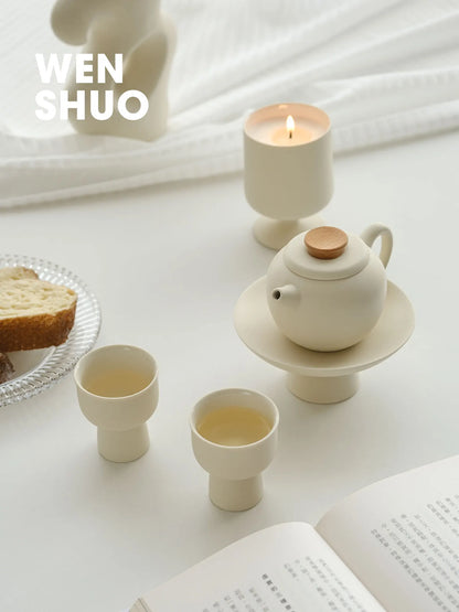 Light Brewing Ceramic Tea Set,Fresh Cream Design,Japanese-style Tea Cup,Tea Pot,Goblet Tray WENSHUO