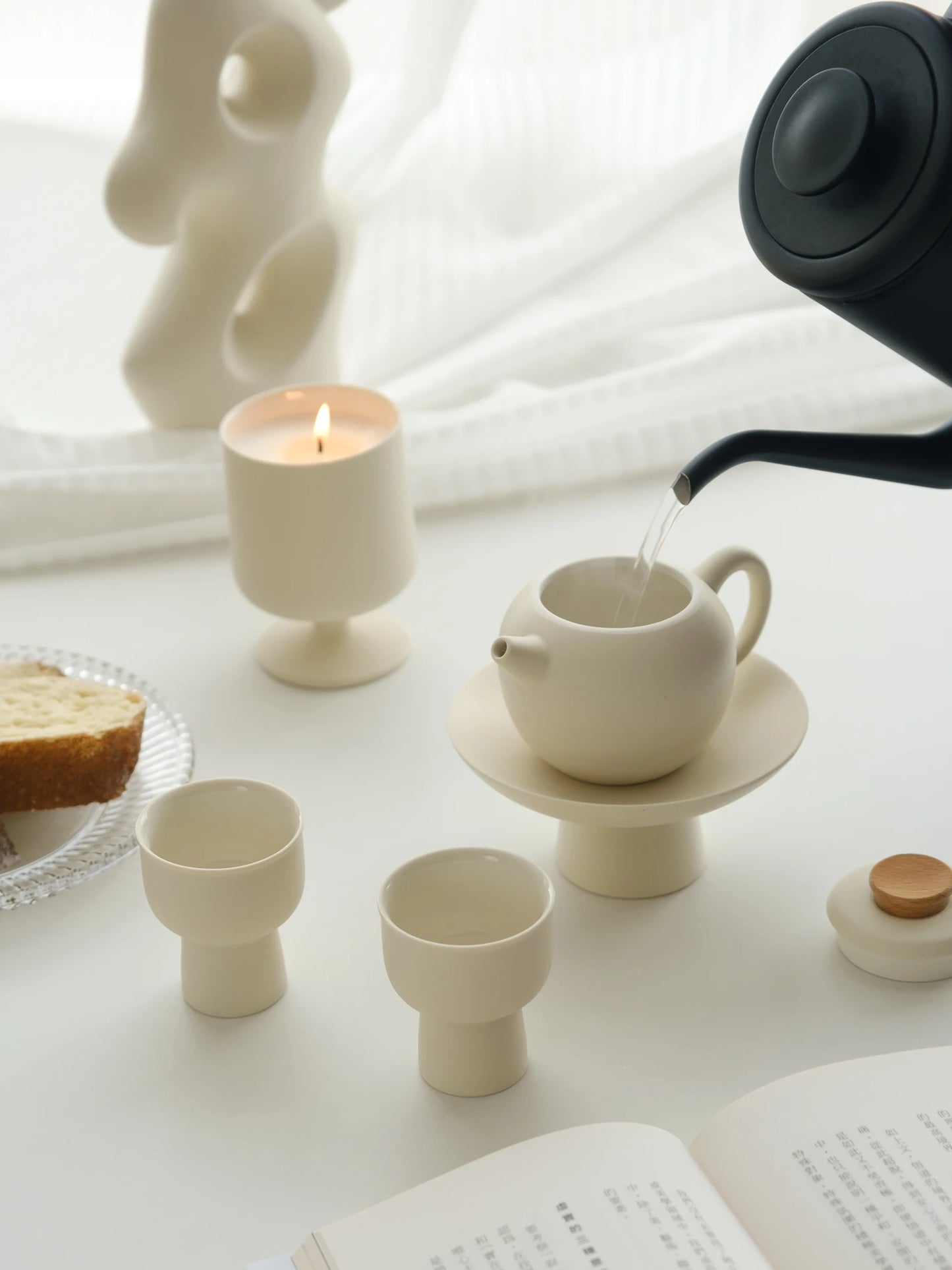 Light Brewing Ceramic Tea Set,Fresh Cream Design,Japanese-style Tea Cup,Tea Pot,Goblet Tray WENSHUO
