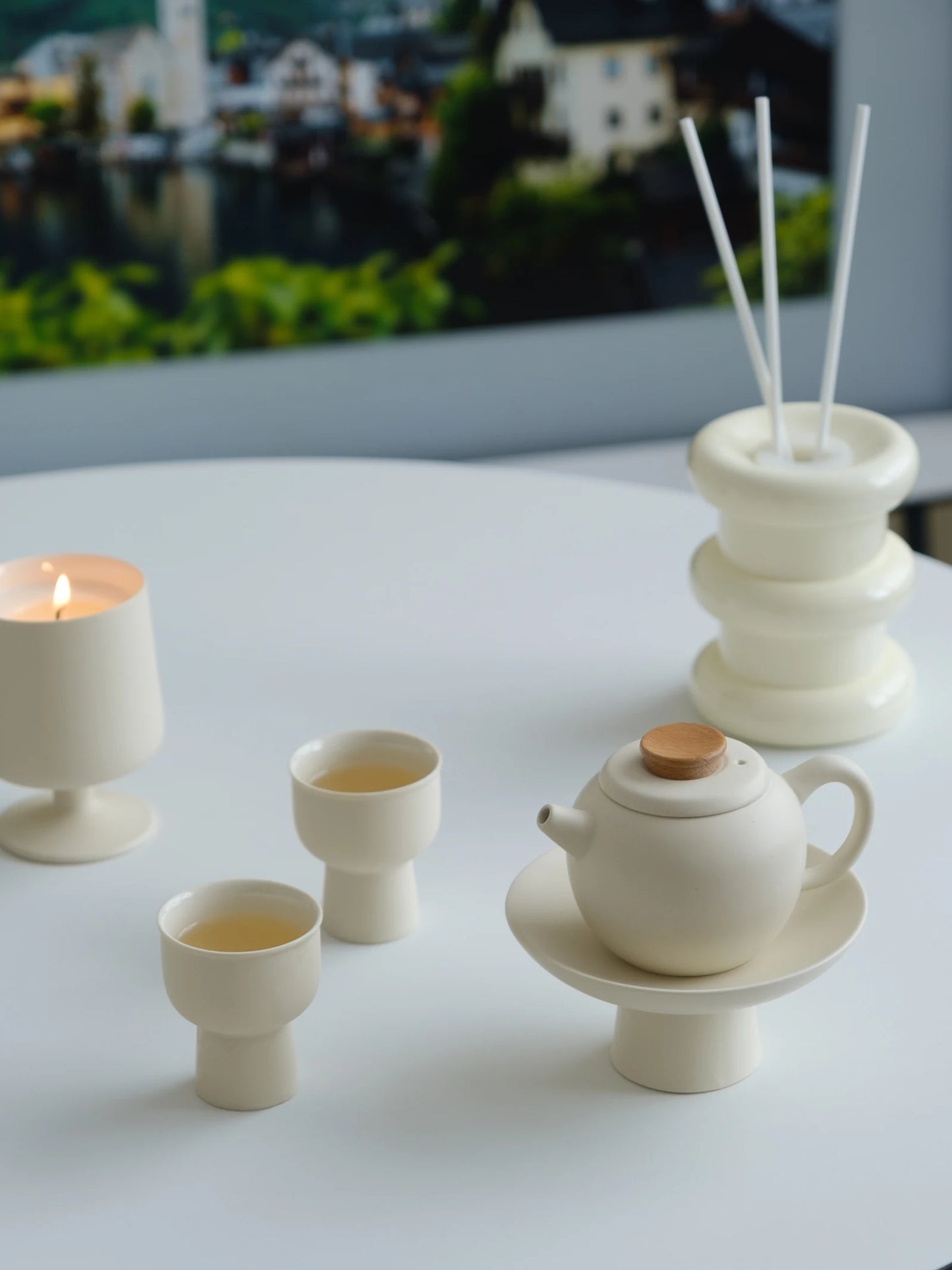 Light Brewing Ceramic Tea Set,Fresh Cream Design,Japanese-style Tea Cup,Tea Pot,Goblet Tray WENSHUO