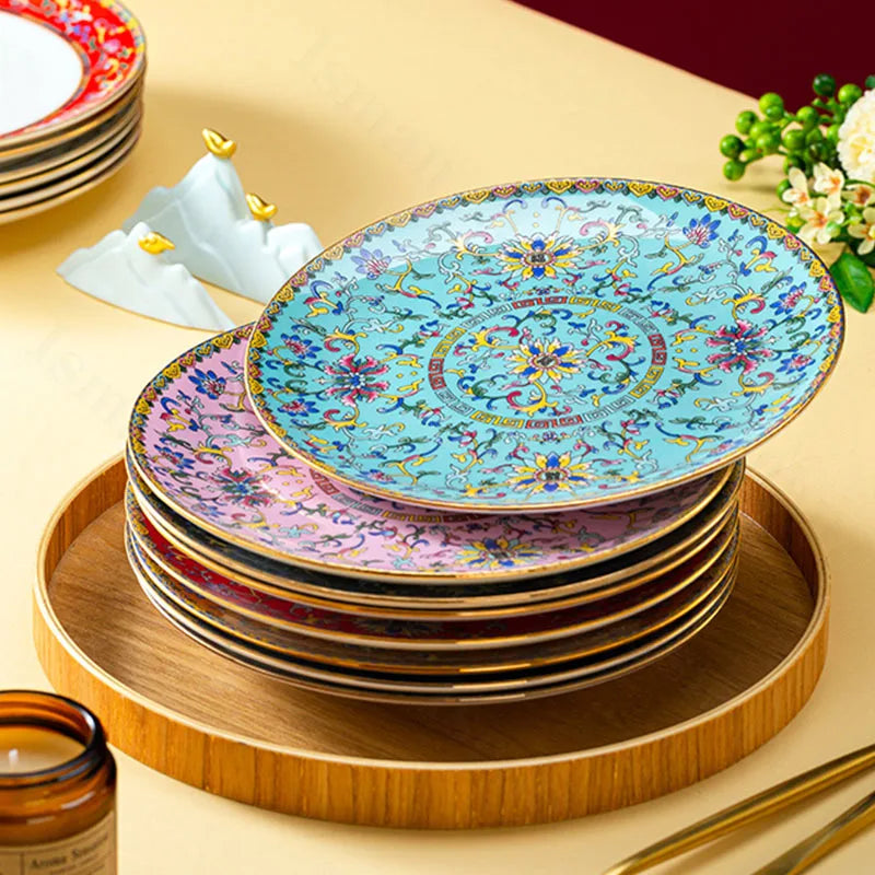 Light Luxury Gold Stroke Ceramic Dinner Plate Flower Relief Enamel Dish Bone China Western Plates Dishes Household Tableware