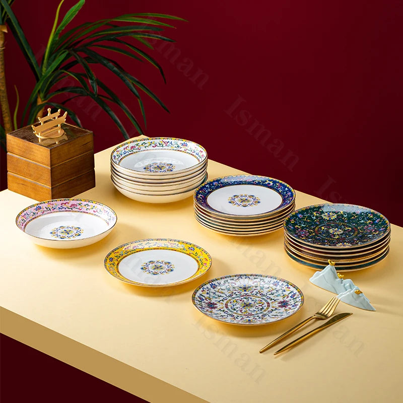 Light Luxury Gold Stroke Ceramic Dinner Plate Flower Relief Enamel Dish Bone China Western Plates Dishes Household Tableware