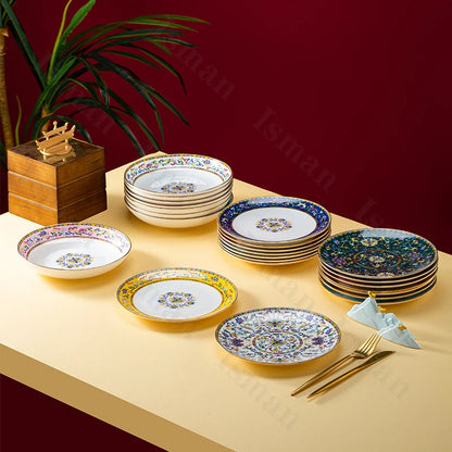 Light Luxury Gold Stroke Ceramic Dinner Plate Flower Relief Enamel Dish Bone China Western Plates Dishes Household Tableware
