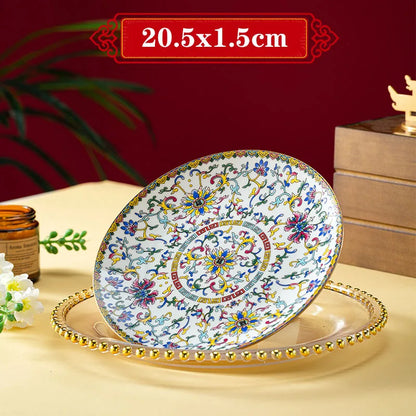 Light Luxury Gold Stroke Ceramic Dinner Plate Flower Relief Enamel Dish Bone China Western Plates Dishes Household Tableware